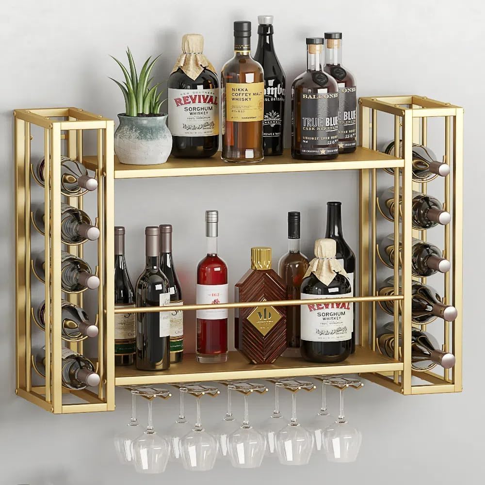Home Bar Shelf - Duvara Monte Şarap Rafı, Şarap Kadehi